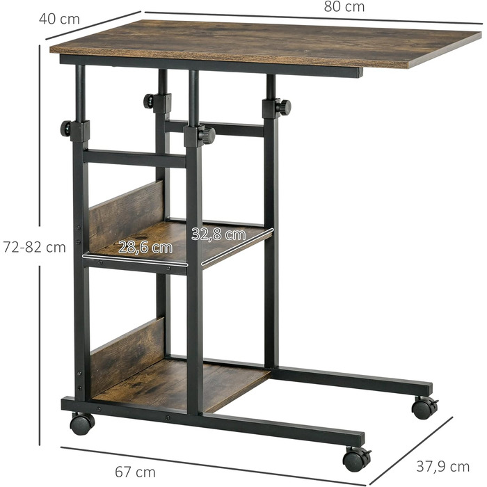 Журнальний столик HOMCOM з коліщатками, регульована по висоті тумбочка з 2 нижніми полицями, диванний стіл для їдальні, вітальні, метал, коричневий, 80x40x72-82 см