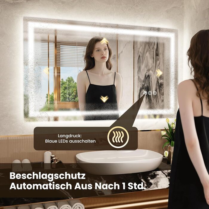 LED дзеркало для ванної кімнати 60x80 см з підсвічуванням, сенсорне, регульоване, 3 кольори світла, антизапар, IP44, вертикальна/горизонтальна установка