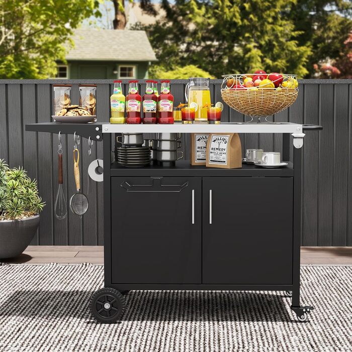 Grillwagen COSTWAY Outdoor: гриль-стіл з нержавіючою сталлю, відкидним бічним столиком, шафкою, 6 гачками та ручкою, до 100 кг, металевий столик для кемпінгу, пікніків, вечірок на відкритому повітрі, 127 x 50 x 84 см