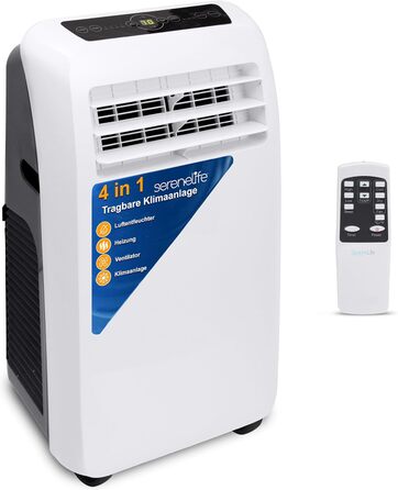 Кондиціонер SereneLife Mobile 9,000 BTU 4-в-1 повітроохолоджувач, вентилятор, осушувач обігрівач - портативний кондиціонер з комплектом витяжного шланга для приміщень площею до 20 м - Дистанційне керування, монтаж на вікна 9,000 BTU HEAT EU Білий