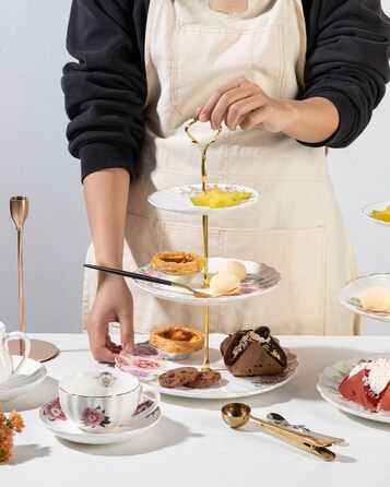 Стійка для тістечок Sweejar Home 3-ярусна керамічна, етажерка для тортів, десертів, капкейків, чаювання, сервірування їжі (свіжі квіти)