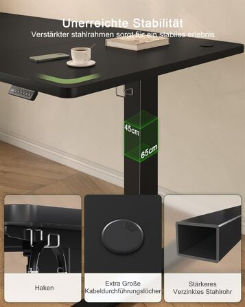 Електричний стіл JUMMICO з регулюванням висоти 120 x 60 см з USB-портом для зарядки, чорний