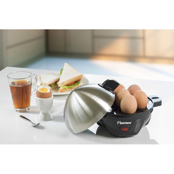Яйцеварка Bestron 7, мірна чашка для води з гравіюванням яєць, 3 рівні жорсткості, 350 Вт, чорний/ (сріблястий)