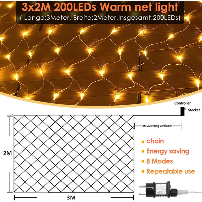Світлодіоди, 8 режимів, з вилкою, теплий білий, 3x2m, для внутрішнього/зовнішнього декору, 204