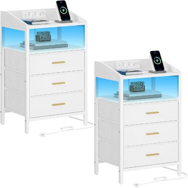 Комплект приліжкових столиків Hzuaneri з LED-підсвіткою, USB та розетками, 3 тканинні шухляди, полиці, для спальні та вітальні, білий NS35513W