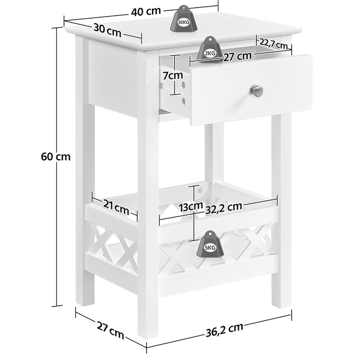Приліжкова тумбочка Yaheetech з ящиком, тумбочка, 40x30x61 см, біла, 1 шухляда, 1 кошик