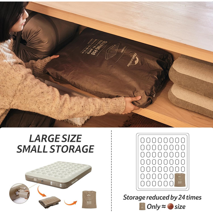 Надувна матрац Naturehike для 2 осіб з електричним насосом, 200x150x25 см. Самостійно надувна, преміум-якість, для кемпінгу та дому. Колір: коричневий.