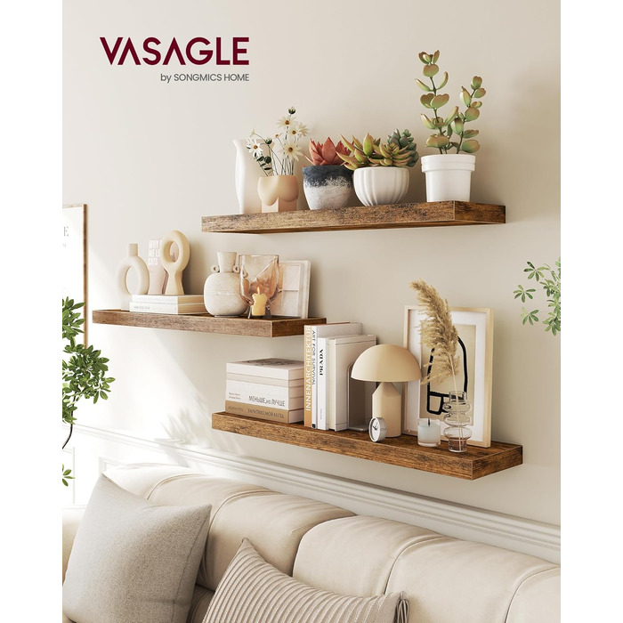Настінна полиця VASAGLE, 3 шт. у наборі, вінтажний колір, 20 x 80 x 3,8 см, для фотографій, декору, вітальні, кабінету, кухні