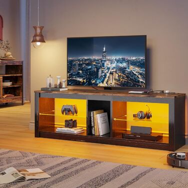 ТВ-тумба Bestier для телевізорів до 65 дюймів, 160x35x52 см з RGB-підсвічуванням та органайзером для кабелів, регульована скляна полиця, темно-коричневий