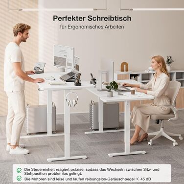 Кутовий стіл з регулюванням висоти 150x100 см, електричний, ергономічний, білий. З підстаканниками та гачками.