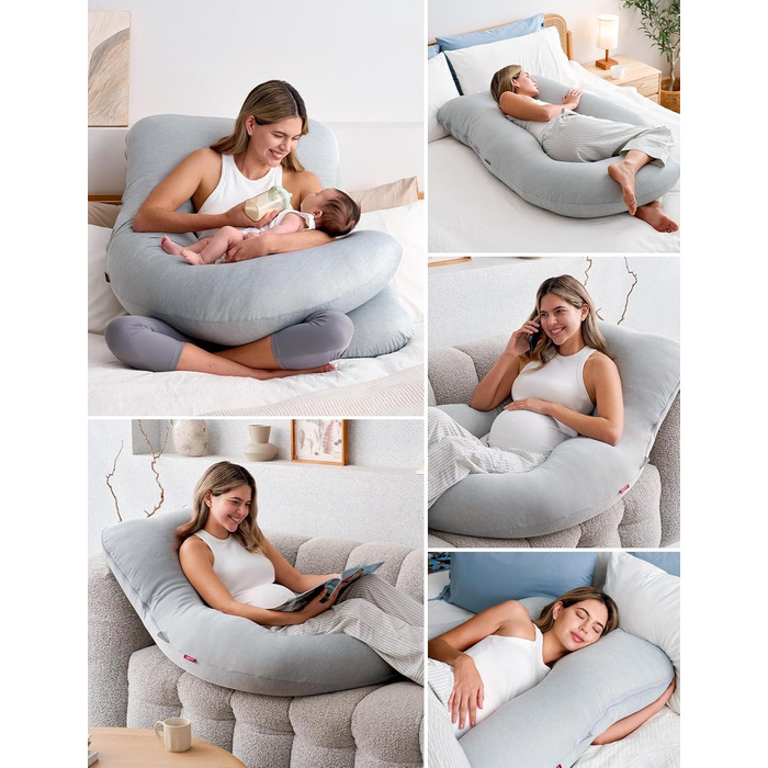 Вагітний подушок Momcozy з кристанового велюру U-подібної форми - подушка для вагітних, для сну на боці (145 см) - знімає напругу з спини та стегон (Світло-сірий, U-подібний)