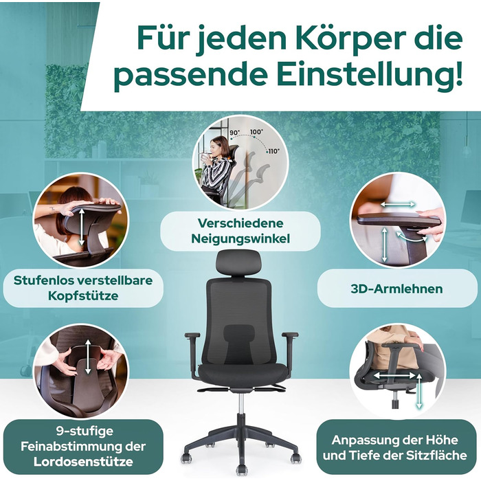 Офісний стіл Schekka® Ergonomisch - ергономічне крісло з регулюванням, підголовником та підтримкою попереку, 3D підлокітники, дихаюча сітка, 150 кг (Світло-сірий/М'ятний)