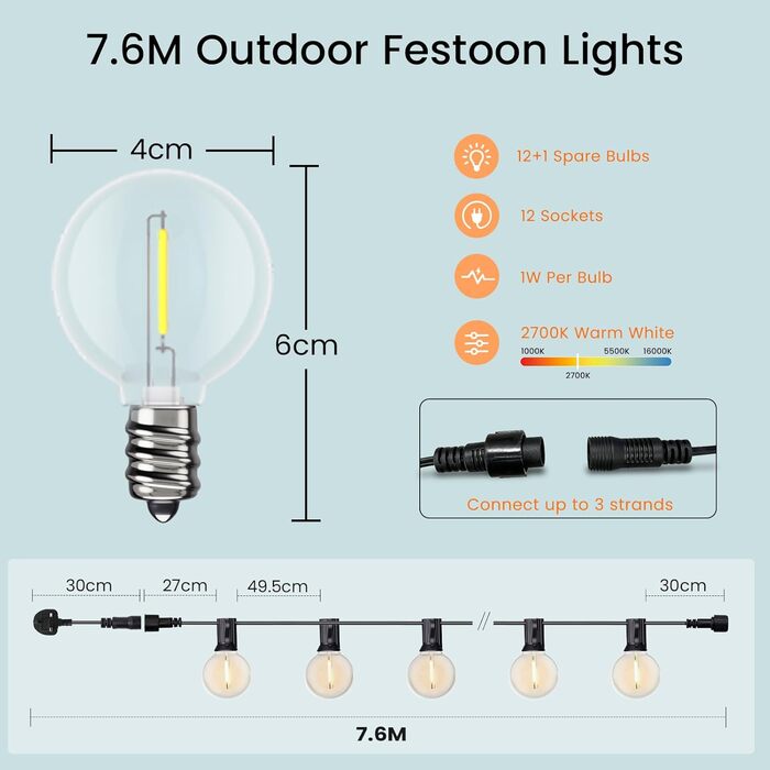 LED гірлянда Bomcosy 60м для вулиці, 100+4 лампочки G40, водонепроникна IP44, тепле світло 2700K, для саду, тераси, вечірки, кафе