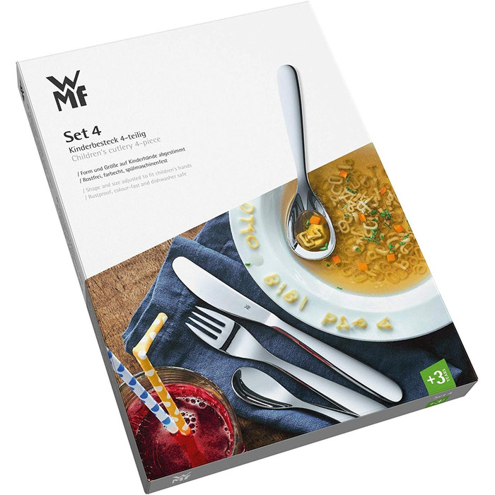 Набір дитячого столового прибору WMF Kinderbesteck 4-частинний, з нержавіючої сталі Cromargan, для дітей від 3 років, з гравіюванням, придатний для миття в посудомийній машині