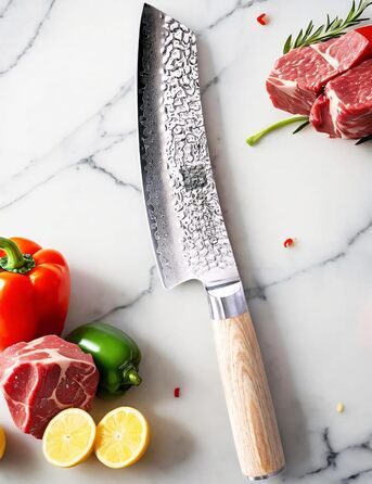 Японський ніж Сантоку 18 см з VG-10 сталі Дамаск (67 шарів), професійний кухонний ніж, ідеальний для дому та як подарунок