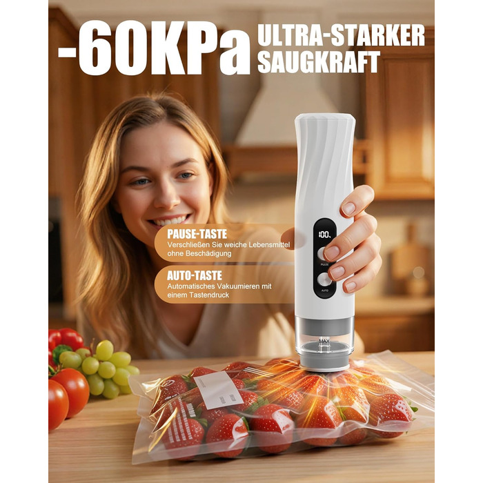 Вакууматор Babacom портативний з резервуаром для води, потужність 60кПа, автоматичний вакуумний пакувальник з пульс-функцією для делікатних продуктів, 20 багаторазових пакетів у комплекті