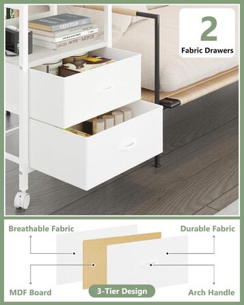 Нічний столик з ящиками та зарядкою, 2 розетки AC та 2 USB, з роликами, білий
