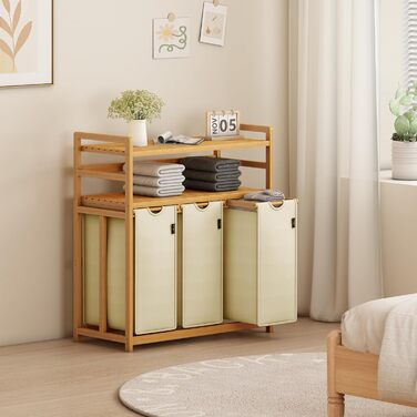 Кошик для білизни AdelDream 150L з 3 відділеннями, висувні полиці та знімний мішок для білизни, бамбуковий каркас, бежевий