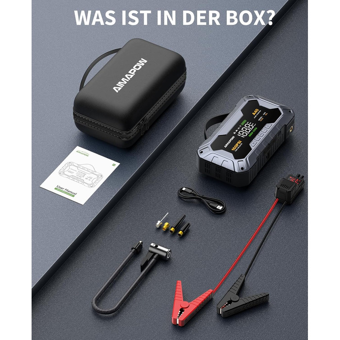 Powerbank для автомобіля AIMAPOW Starthilfe 8000A з компресором та LED-ліхтарем, 27000mAh, 160PSI, для бензинових та дизельних двигунів (до 12.0L)