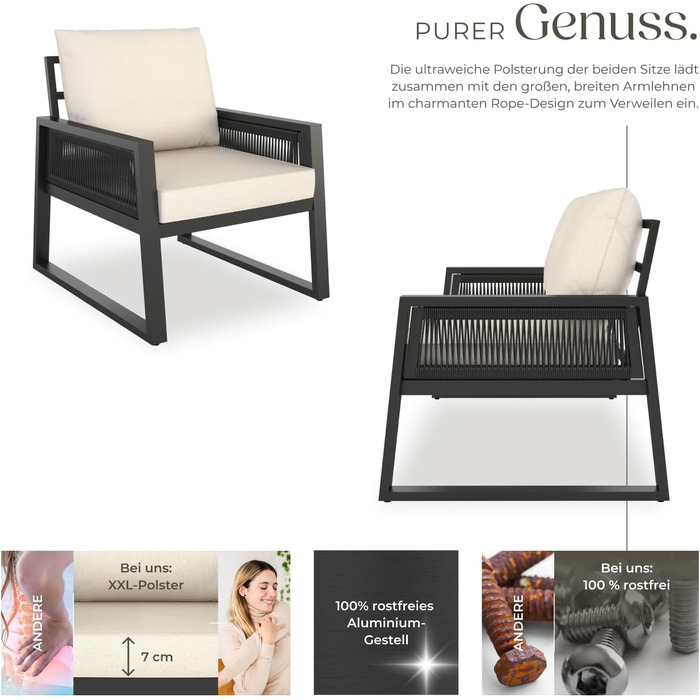 Набір садово-розкладних меблів tectake® Rope Design: 2 крісла, диван, стіл, подушки, для саду/балкону, 4 посадочні місця, вологостійкий, стиль 3