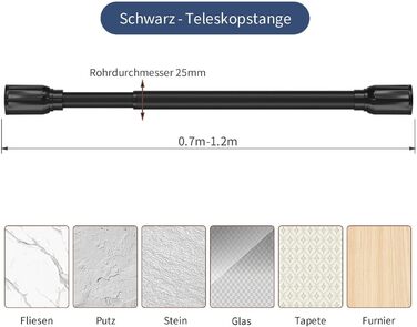 Карниз для душової кабіни телескопічний SLIM, 70-120см, чорний