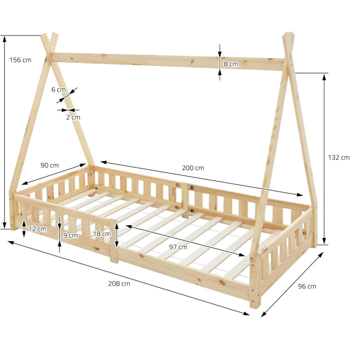 Дитяче ліжко-халапа Tipi ML-Design біле з бортиками та ламелями, з сосни, індіанське ліжко для дівчаток та хлопчиків, ліжко-будиночок з огорожею, ліжко-ігровий будиночок для дітей (90x200 см з матрацом (H: 16 см), натуральне дерево)