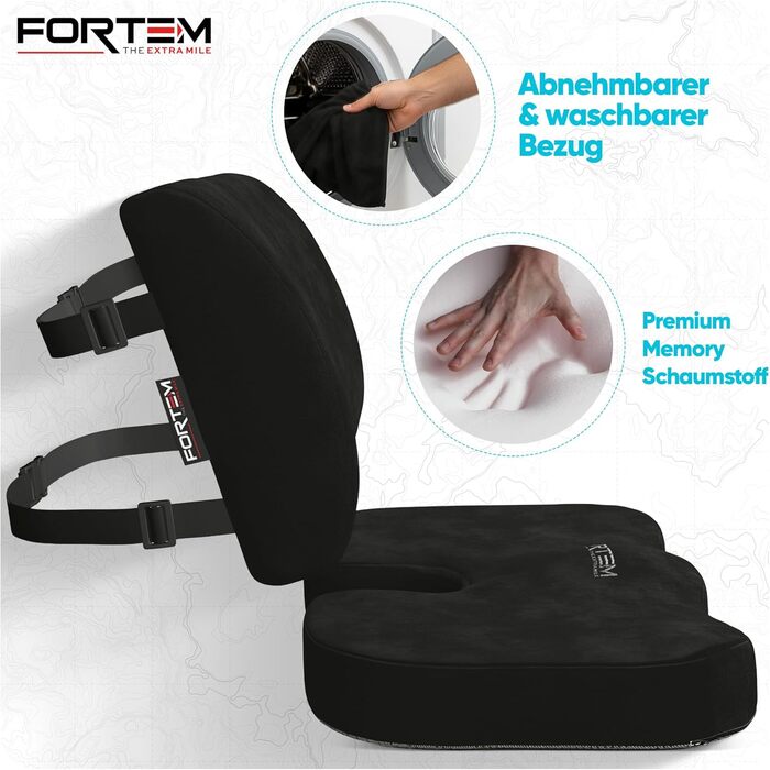 Подушка для сидіння та підтримки попереку FORTEM - м'яка, з Memory Foam, для офісного крісла, авто, геймінгу, чорна, велюр