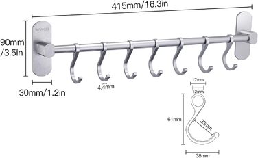 Гак-планка Wangel Кухонні гаджети підвісна планка 7 гачків без свердління, запатентований клей самоклеючий клей 3M, алюміній