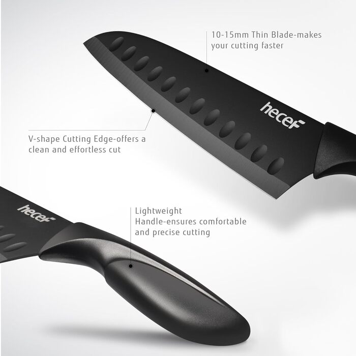 Набір кухонних ножів Hecef 15 предметів з бруском, чорний колір, антипригарне покриття, безпечний для миття в посудомийній машині, самозаточуваний брусок, ергономічні ручки, набір ножів для кухні для початківців та любителів готування (6 шт)
