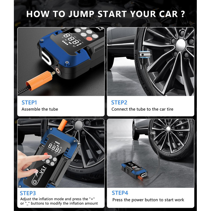 Портативний пусковий пристрій Starthilfe Powerbank з компресором 150PSI, 4000A, 12V для автомобілів та 8.0L дизель, 26800mAh, 4-в-1 з LED-ліхтариком та LCD дисплеєм