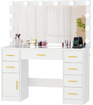 Великий туалетний столик ANWBROAD з регульованою LED-підсвіткою 3 кольорів та розеткою. Сучасний туалетний столик з дзеркалом, 7 ящиків, білий, 140x110x40 см. Модель BDT83W