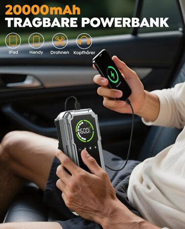 Powerbank Starthilfe 8000A з компресором 160PSI, 12V для авто, 20000mAh, LED-ліхтар, LCD-дисплей, сріблястий