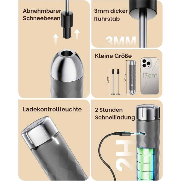 Електричний пінний балон Maestri House LunaFro 2.0 (сірий): бездротовий міксер з регулюванням швидкості та нержавіючою сталею