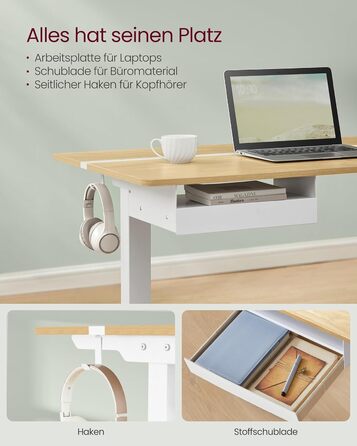 Електричний регульований стіл VASAGLE з пам'яттю висоти, з розетками та ящиком для зберігання, хмаринно-білий + золотий дуб, LSD112W01