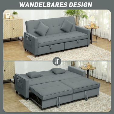 Диван-ліжко HOMCOM, трансформується, 3-місний, з функцією ліжка, розкладний диван, з подушками, сірого кольору