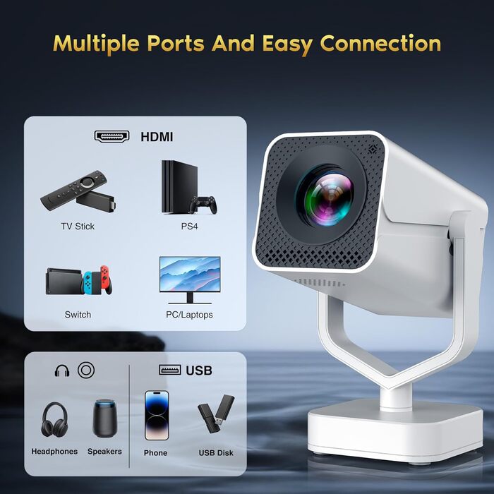 Портативний проєктор Mini Beamer з Android OS, автотрапецеїдною корекцією, підтримкою 4K 1080p, Bluetooth WiFi6, 160 ANSI, для телефону/ТВ приставки/зовнішнього використання/ноутбука