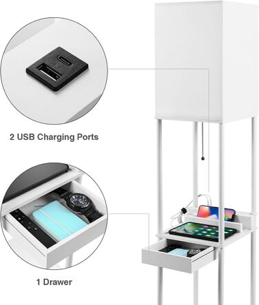 Торшер BBHome з полицею, 3 колірні температури, USB, шухляда, з можливістю затемнення, в т.ч. LED, білий