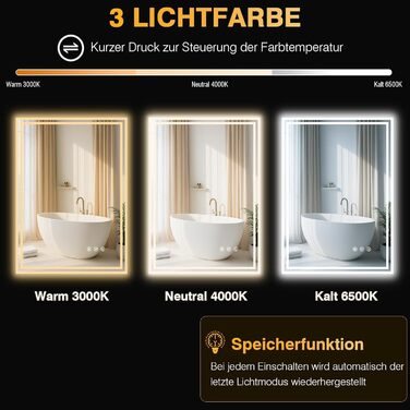 LED дзеркало для ванної кімнати з підсвічуванням 50x70 см, 3 кольори світла, регулювання яскравості, проти запотівання, сенсорне/кнопкове керування