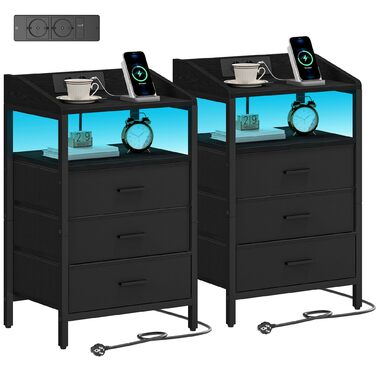 Набір приліжкових тумбочок Hzuaneri 2 шт. з LED-підсвічуванням, зарядкою USB та 3 висувними ящиками, для спальні/вітальні, чорний (NS35504B)