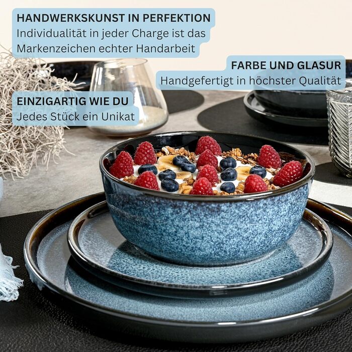 Набір посуду SÄNGER Steingut 18 предметів: 6 тарілок для їжі, 6 кашових тарілок, 6 десертних тарілок, блакитний колір з чорним бордюром, стійкий до подряпин. VALUE COLLECTION (Osaka, каші 6 шт.)
