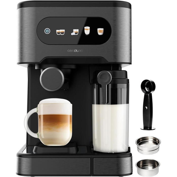 Кавомашина Cecotec Halbautomatische Express-Kaffeemaschine Power Espresso 20 ColdBrew Latte: 1350 Вт, 20 бар, холодний/теплий/гарячий, сенсорний екран, 1.5 л резервуар для води, 500 мл молока, підігрівач чашок, подвійний портафільтр