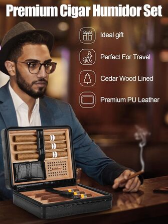 Вишуканий вологозбережувач для сигар Kalolary з різаком, портативний дорожній футляр для сигар з кедрової деревини, вміщує до 8 сигар, чудовий подарунок для чоловіків (Чорний)