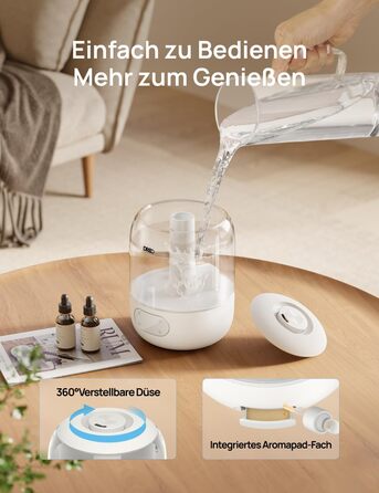 Зволожувач повітря Dreo для спальні: ультразвуковий, холодний туман, 3L, датчик вологості, нічник, для дітей, кімнатних рослин та дому (білий)