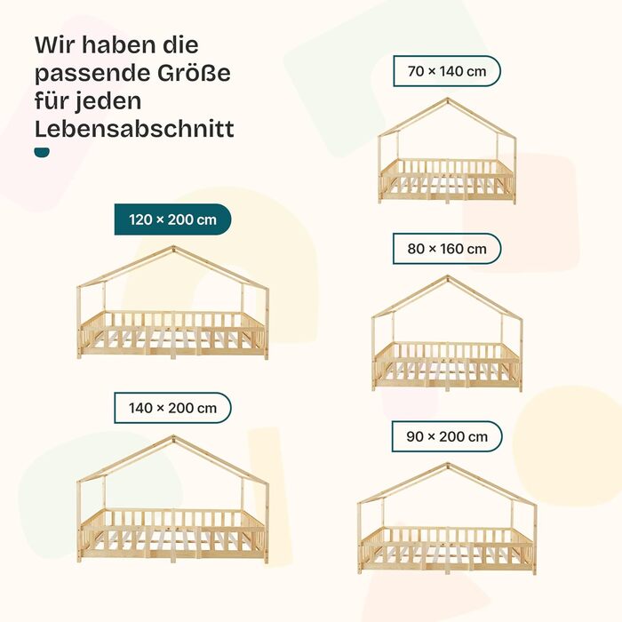 Дитяче ліжко Treviolo з захистом від падіння, 120x200 см, з ламелями, з сосни, колір дерева, Montessori