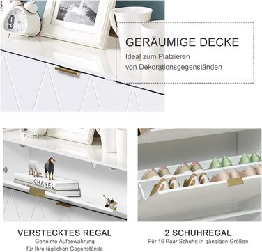 Взуттєва шафа UEV з 2 відкидними дверцятами, 80 x 24 x 120 см, на 16 пар взуття, з 1 висувною шухлядою, біла, вузька, для передпокою, економія місця