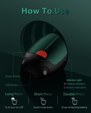 Електричні грілки для рук VTHW 2 шт. - USB, 20 годин тепла, 3 рівні температури, для спорту та артриту (зелені)