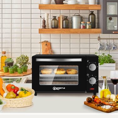Міні-піч Wannyton 10L: піч для піци, випічки та хліба, 650W, 100-230°C, таймер, решітка, деко, чорний