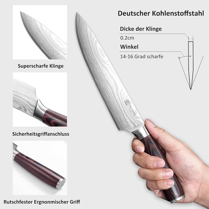 PAUDIN Profi Кухонний ніж 23см з нержавіючої сталі, ергономічна ручка, для професіоналів та любителів, ідеальний подарунок для кулінарів