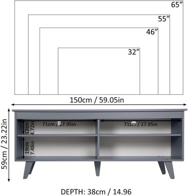 Тумба під телевізор Madesa, тумба під телевізор до 65 дюймів, для вітальні та спальні, 150 x 38 x 58 см, з дерева (Сірий)