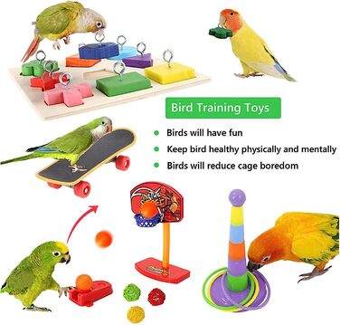Набір іграшок для папуг WishesMar, 4 шт., іграшки для тренування інтелекту птахів, баскетбольна міні-кошик для покупок, складне кільце для папужки, Кореллі, папужки (набір іграшок для папуг a)